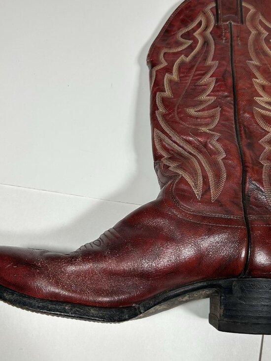 VTG JUSTIN BURGUNDY RED LEATHER ROUND TOE COWBOY BOOTS #j 6728 MEN SZ 8.5 D USA